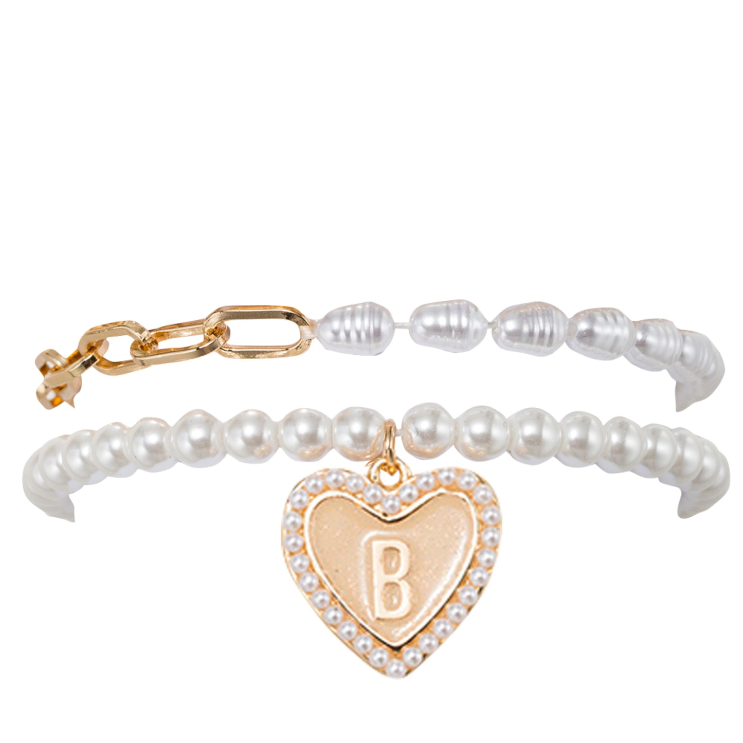 Kids Stretch Bracelet Set of 2, with Pearl Edged, Heart with One Side Gold Bow, One Side "B"