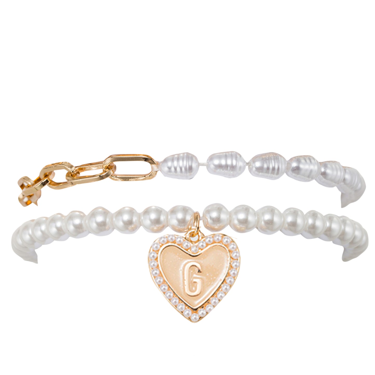 Kids Stretch Bracelet Set of 2, with Pearl Edged, Heart with One Side Gold Bow, One Side "G"