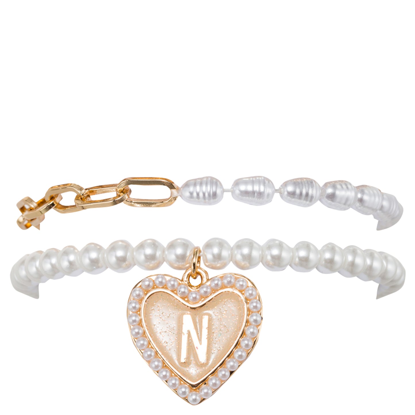 Kids Stretch Bracelet Set of 2, with Pearl Edged, Heart with One Side Gold Bow, One Side "N"