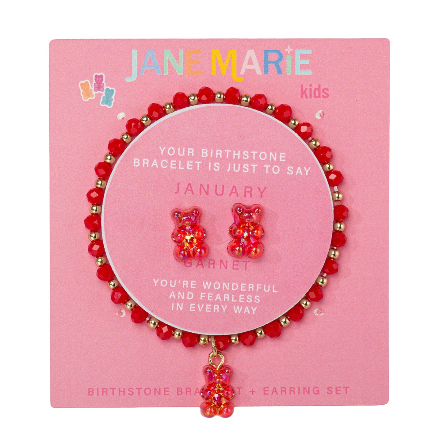Kids Garnet Faceted Beaded Bracelet, Stud "January" Birthstone Bear Set