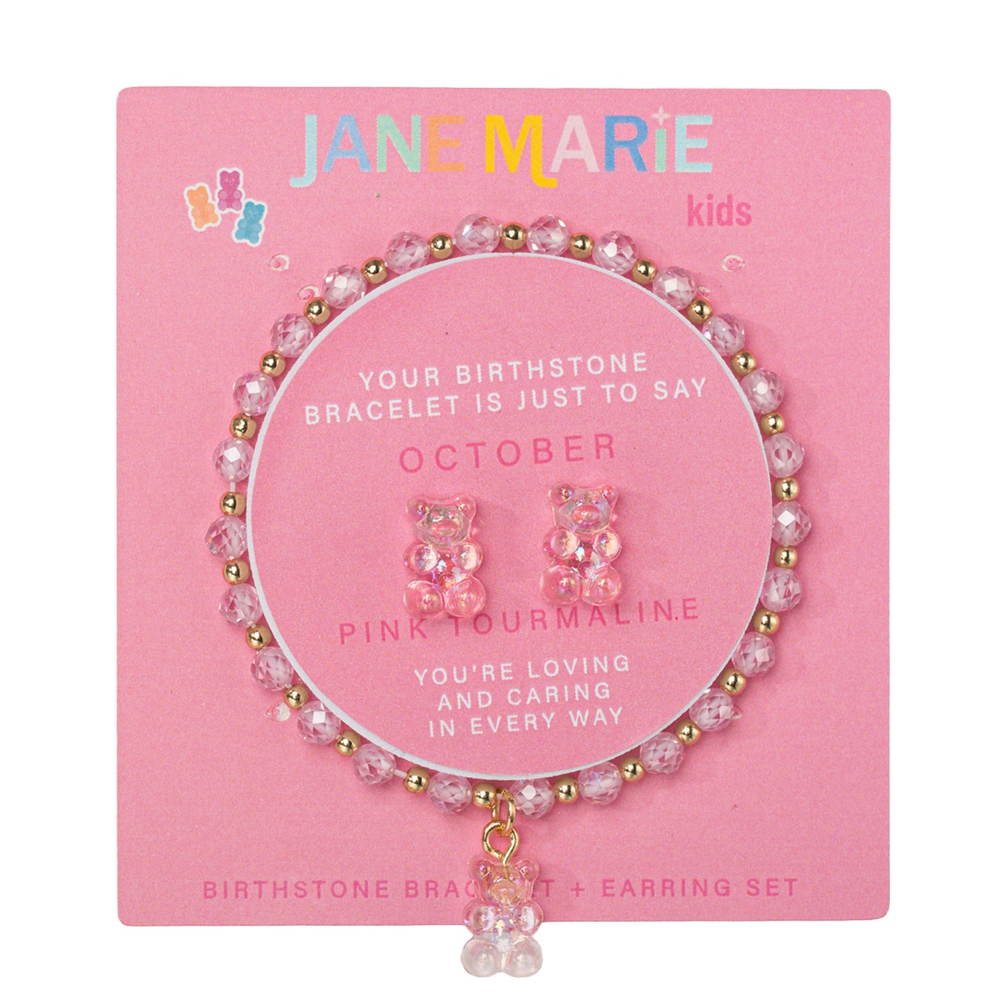 Kids Pink Tourmaline Faceted Beaded Bracelet, Stud "October" Birthstone Bear Set