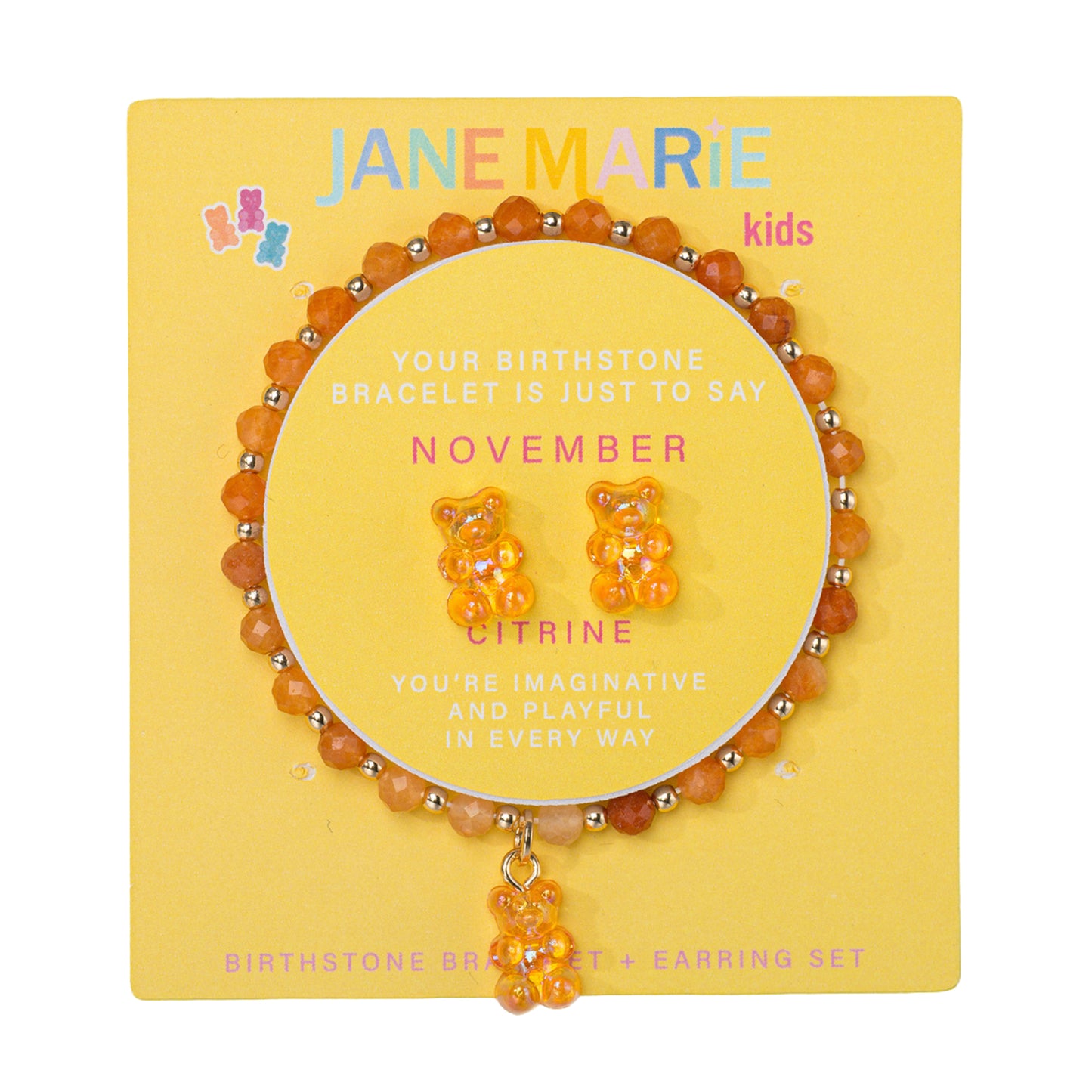 Kids Citrine Faceted Beaded Bracelet, Stud "November" Birthstone Bear Set