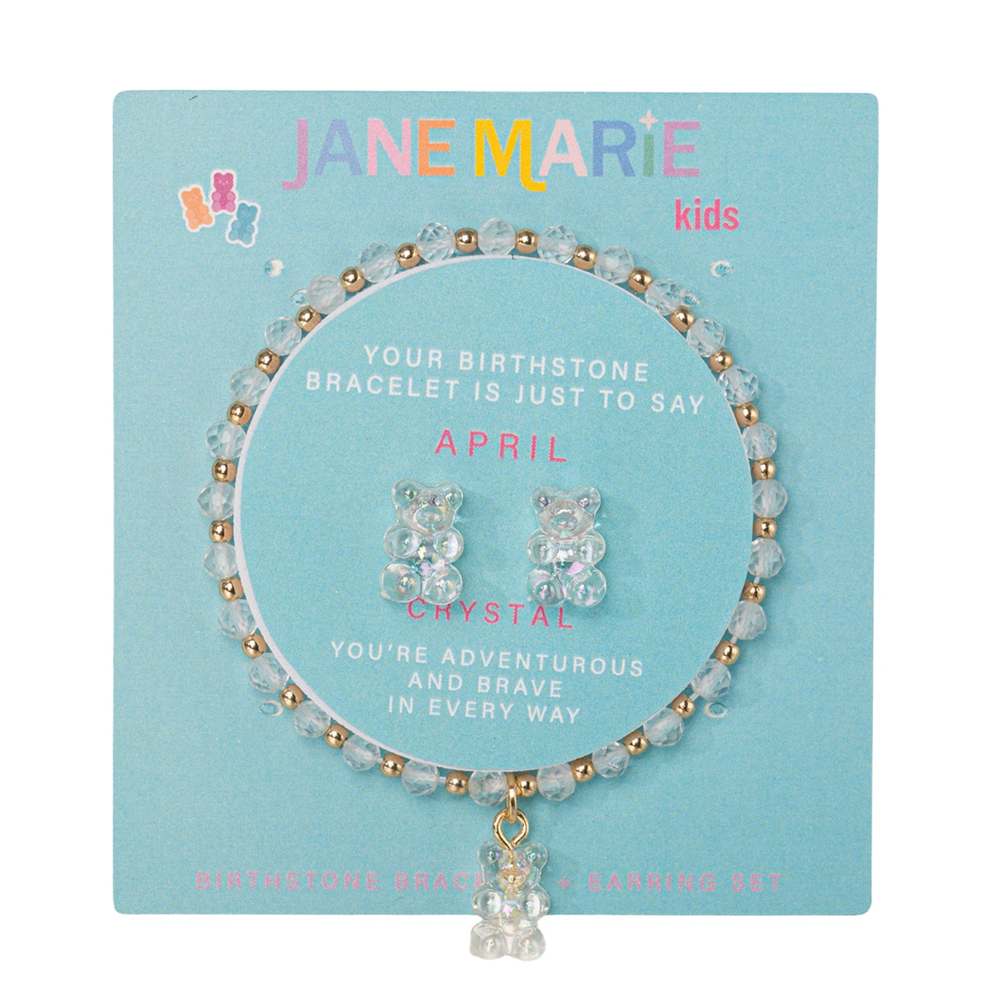 Kids Crystal Faceted Beaded Bracelet, Stud "April" Birthstone Bear Set