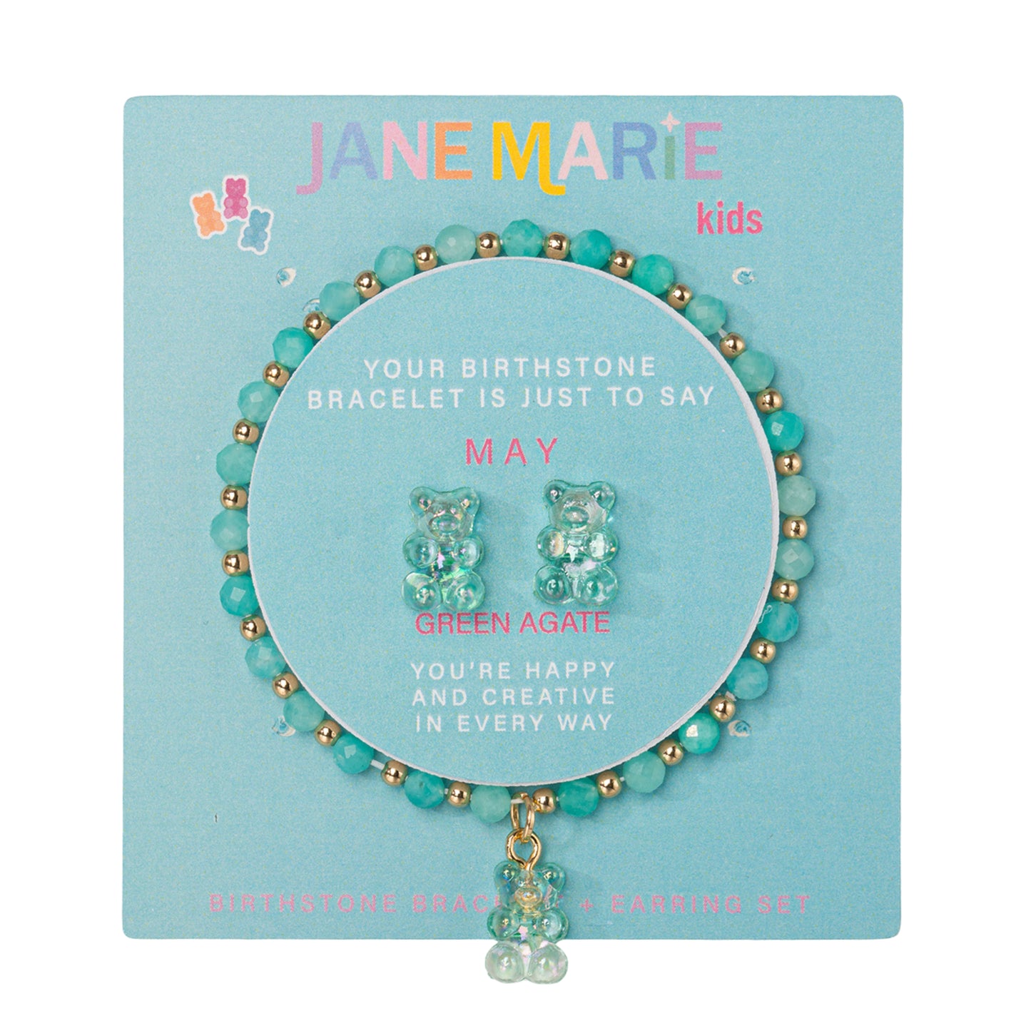 Kids Green Agate Faceted Beaded Bracelet, Stud "May" Birthstone Bear Set
