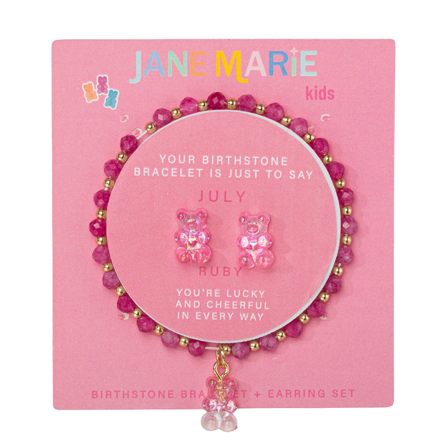 Kids Ruby Faceted Beaded Bracelet, Stud "July" Birthstone Bear Set