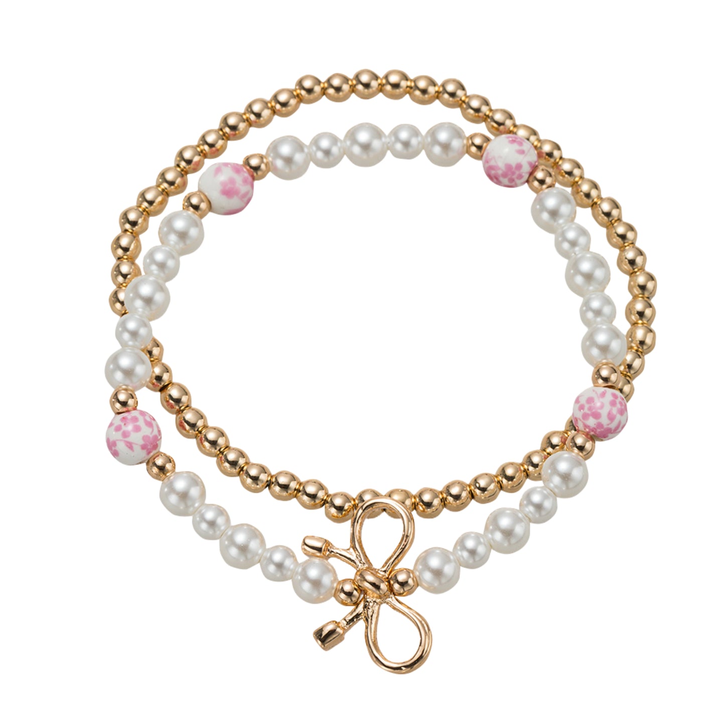 Kids Pearl, Gold, Pink Floral Bead, Set of 2 Beaded Stretch Bracelet with Gold Bow in Body