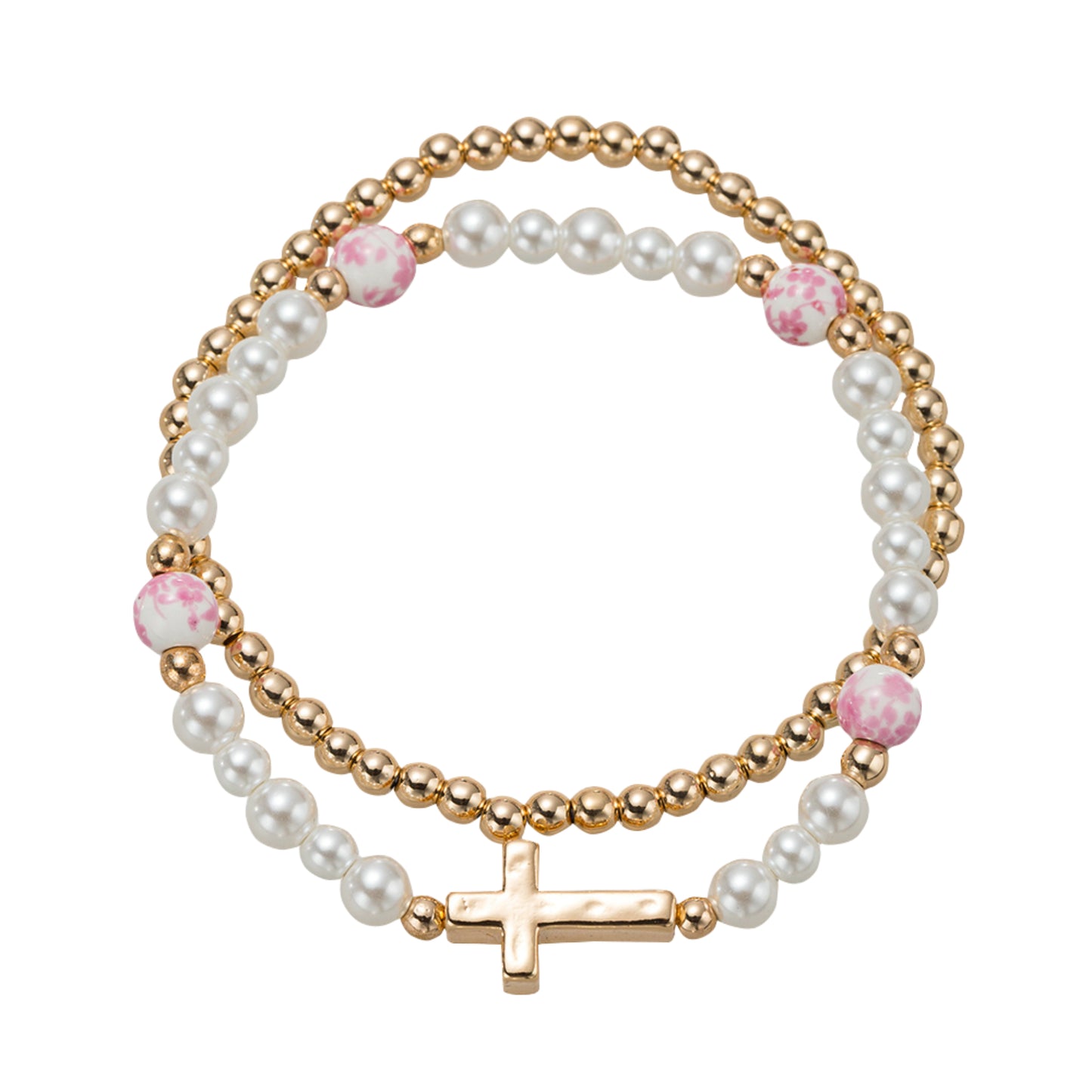 Kids Pearl, Gold, Pink Floral Bead, Set of 2 Beaded Stretch Bracelet with Gold Cross in Body