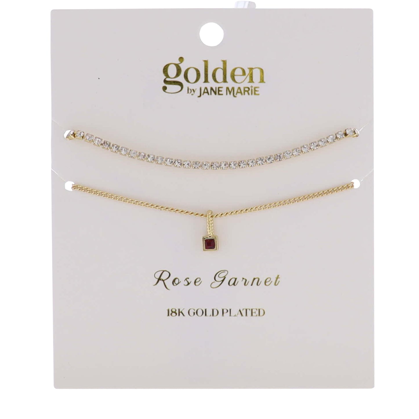 18k Gold Plated Crystal, Link Chain 2 Strand, January Rose Garnet Pendant Bracelet