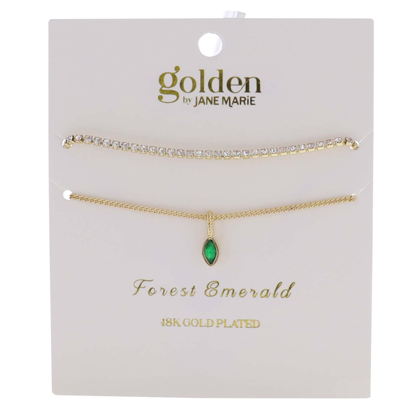 18k Gold Plated Crystal, Link Chain 2 Strand, May Forest Emerald Pendant Bracelet