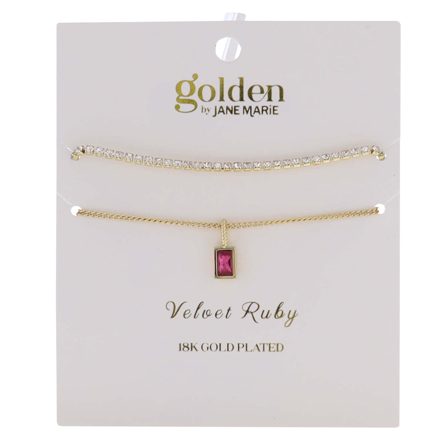 18k Gold Plated Crystal, Link Chain 2 Strand, July Velvet Ruby Pendant Bracelet