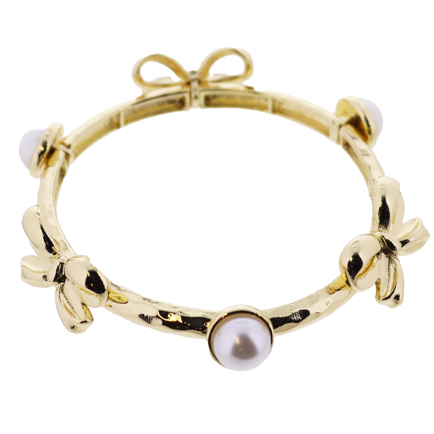 Gold Hammered Stretch Bangle Bracelet with Pearl, Gold Bow Stations