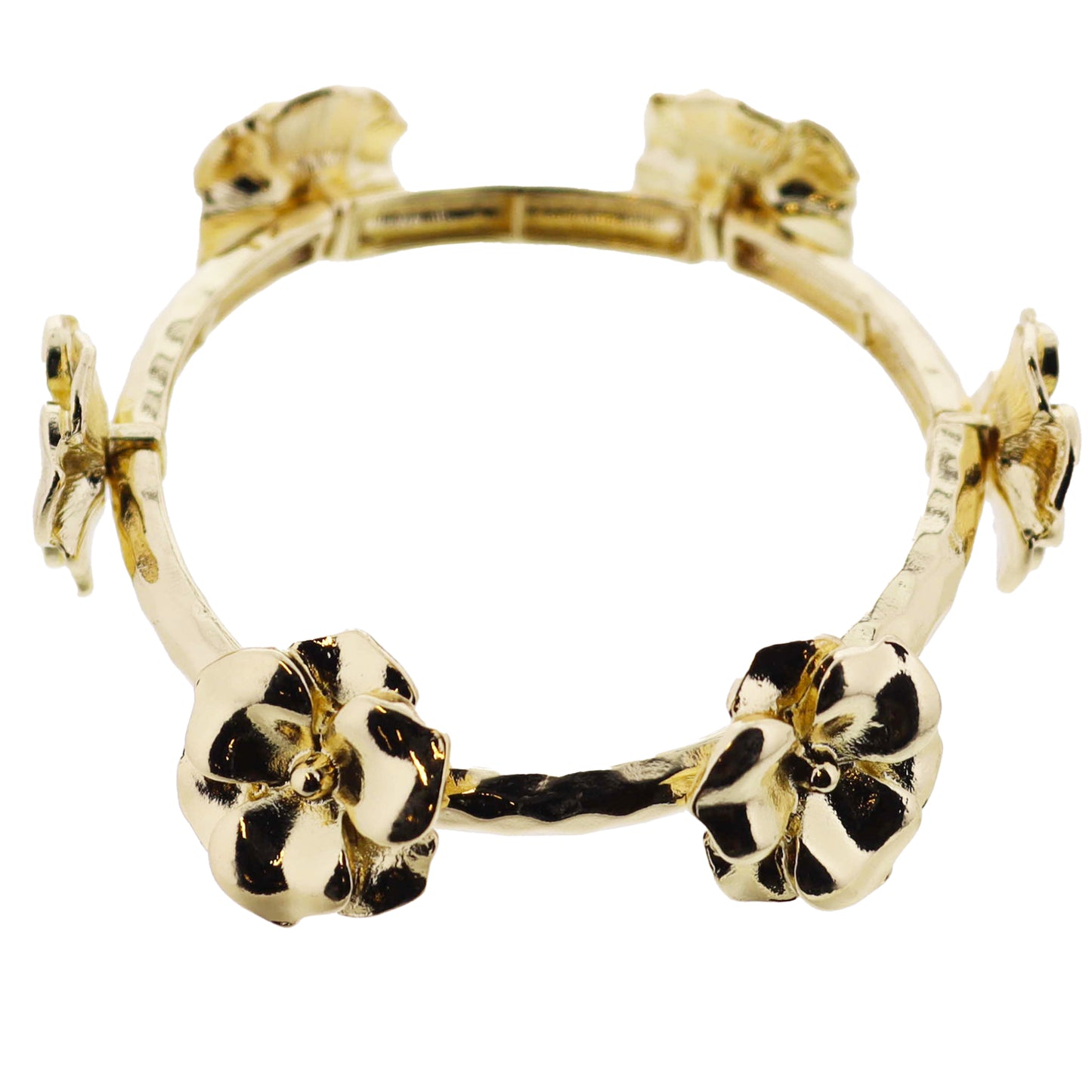 Gold Hammered Stretch Bangle Bracelet with Gold Flower Stations