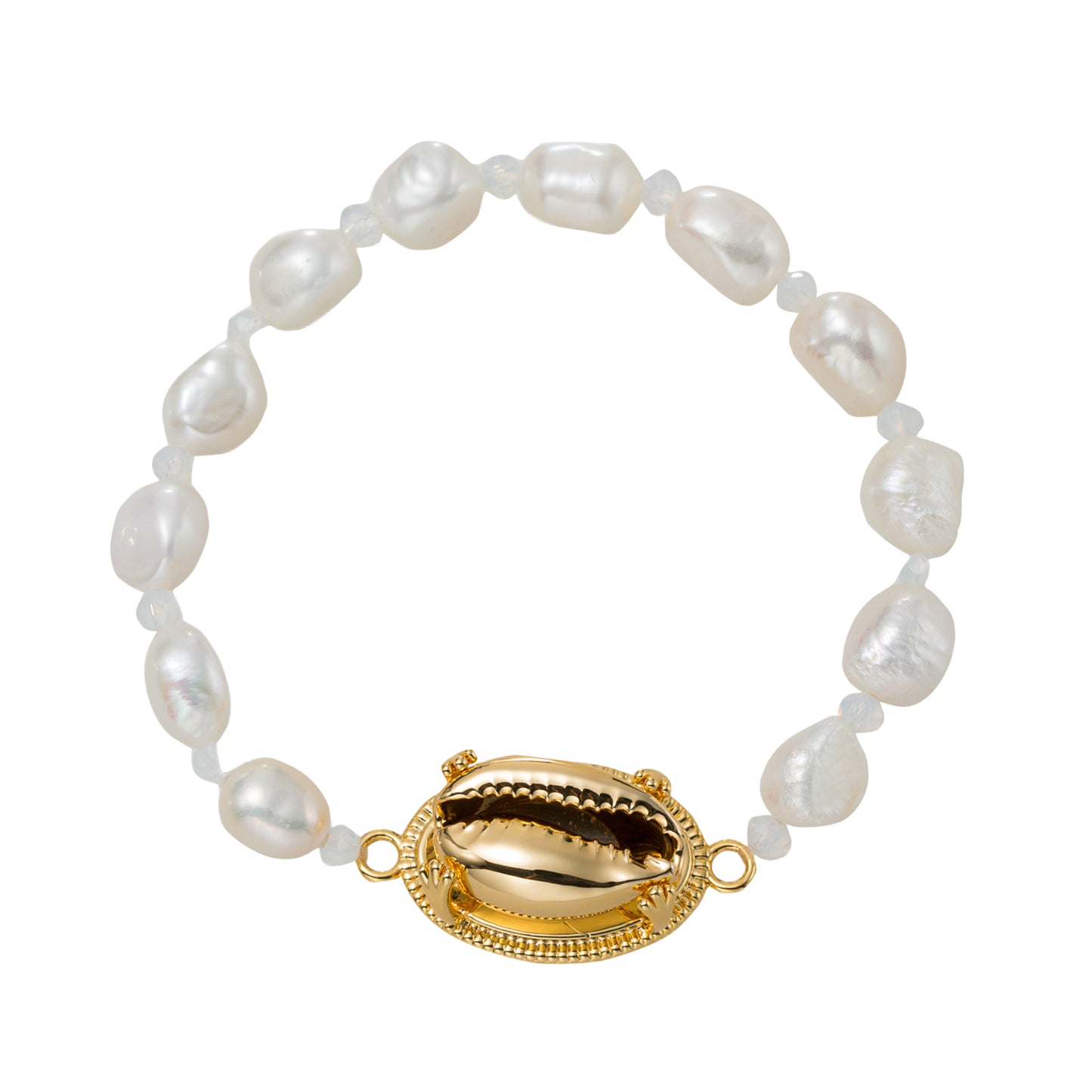 18k Gold Plated Gold, Pearl Beaded Stretch Bracelet with Gold Cowrie Shell