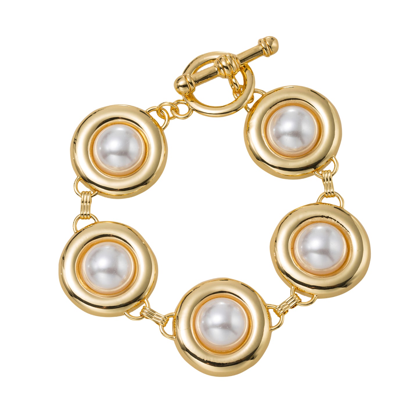18k Gold Plated Station Chain Disks with Pearl Center Toggle Bracelet