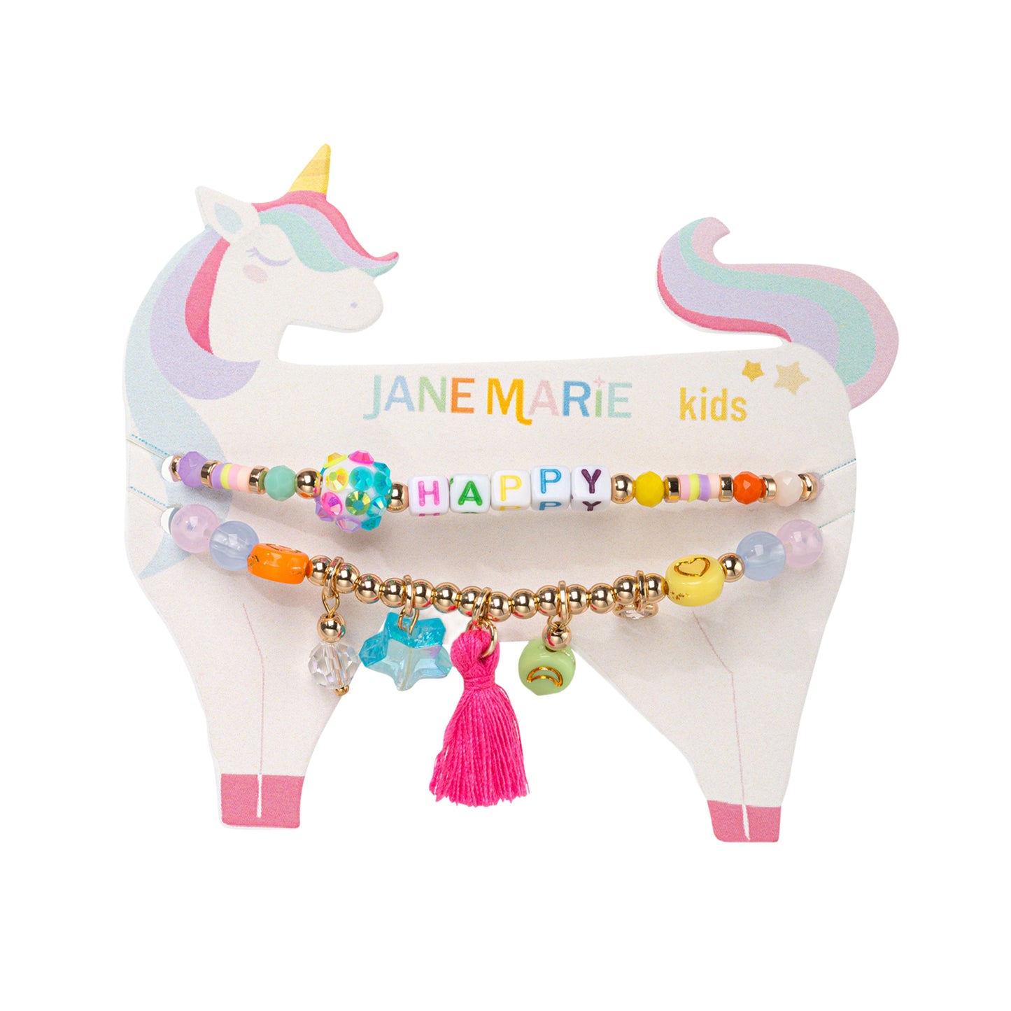 Kids Set of 2, Multi Charm Beaded Stretch Bracelet with "Happy"