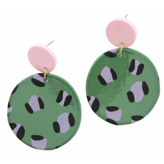 Soft PInk Disk with Green & Pink Leopard Circle Earring