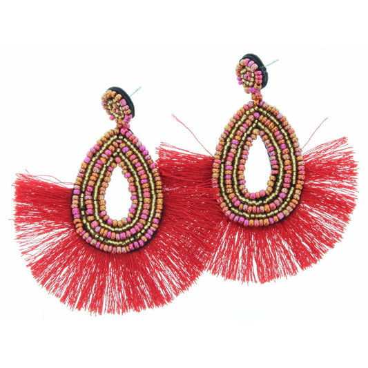 Sunset Beaded Post & Teardrop with Red Tassel Fan Earring