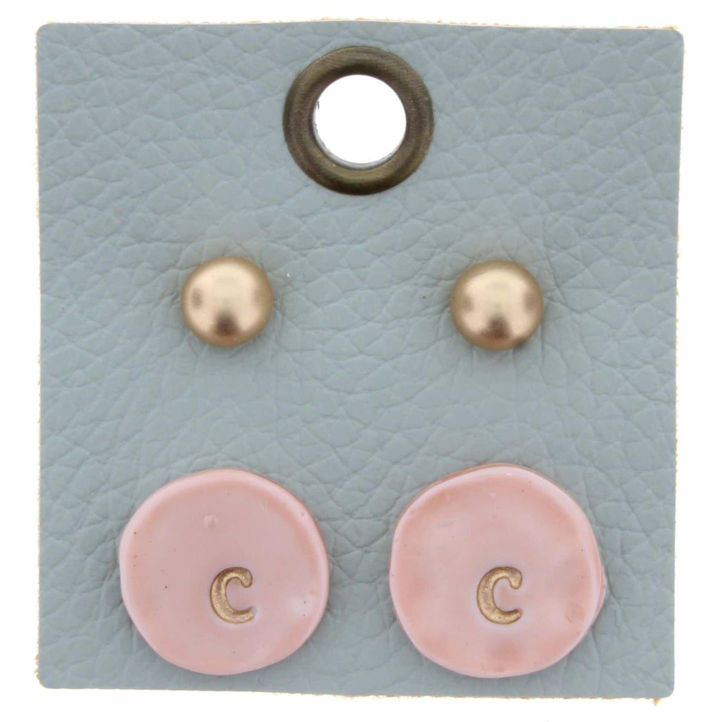 Gold Studs & Light Pink Stamped Initial "C" Disk Earring