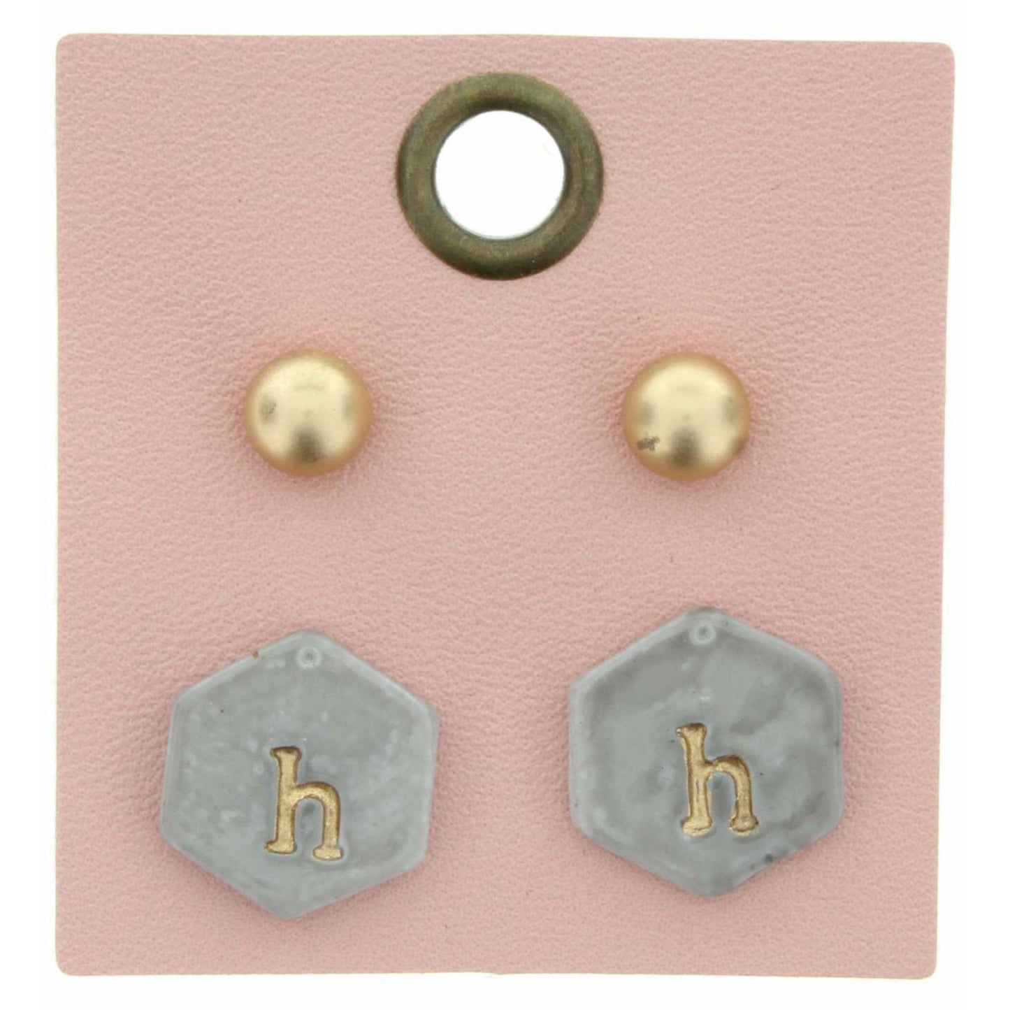 Gold Studs & Grey Stamped Initial "H" Hexagon Earring