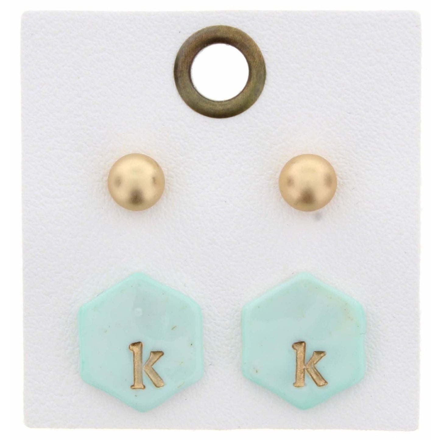 Gold Studs & Mint Stamped Initial "K" Hexagon Earring