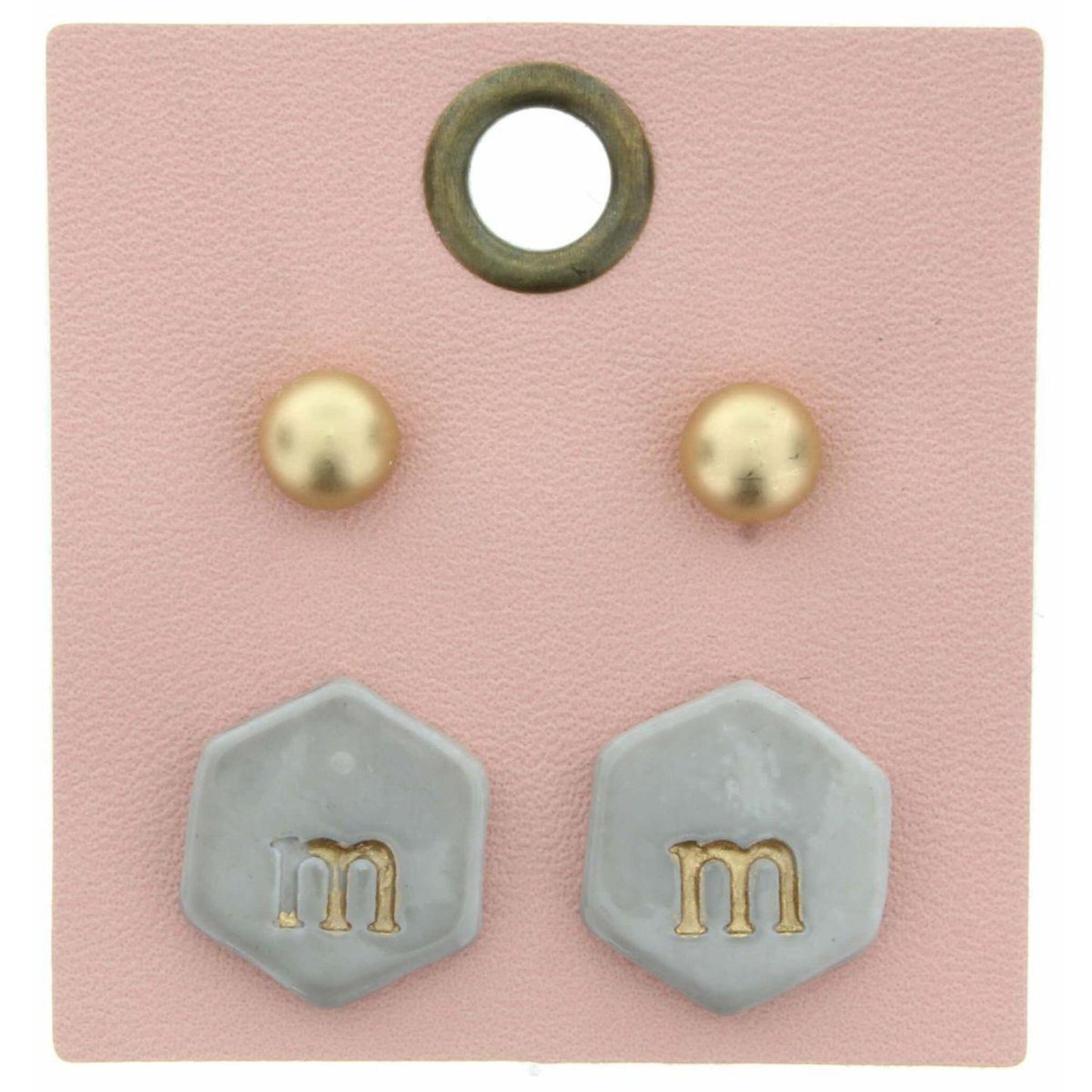 Gold Studs & Grey Stamped Initial "M" Hexagon Earring