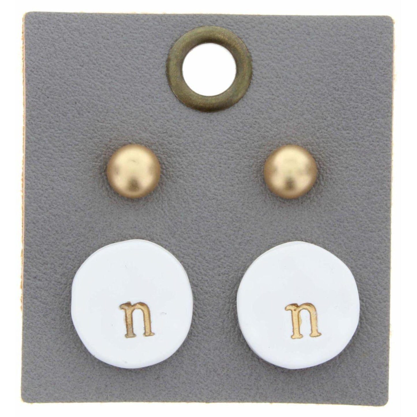 Gold Studs & White Stamped Initial "N" Disk Earring