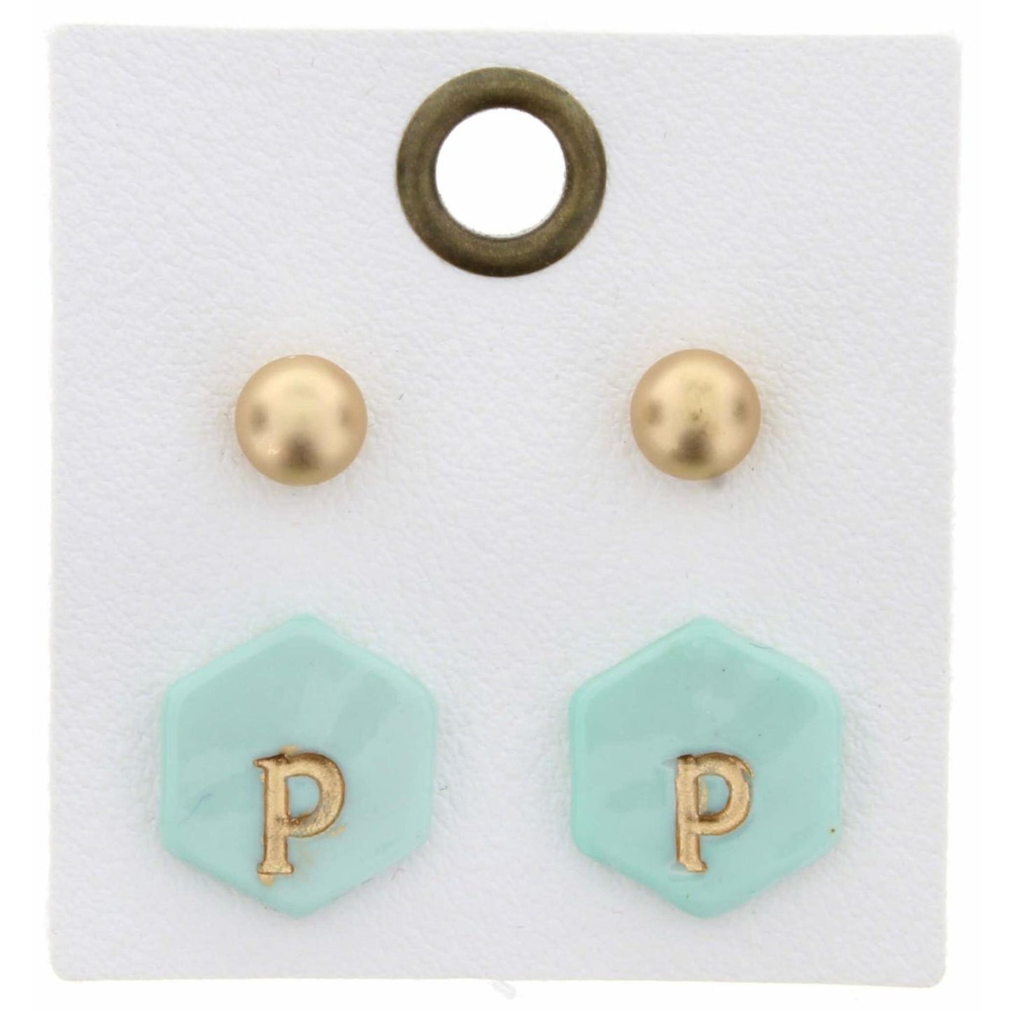 Gold Studs & Mint Stamped Initial "P" Hexagon Earring