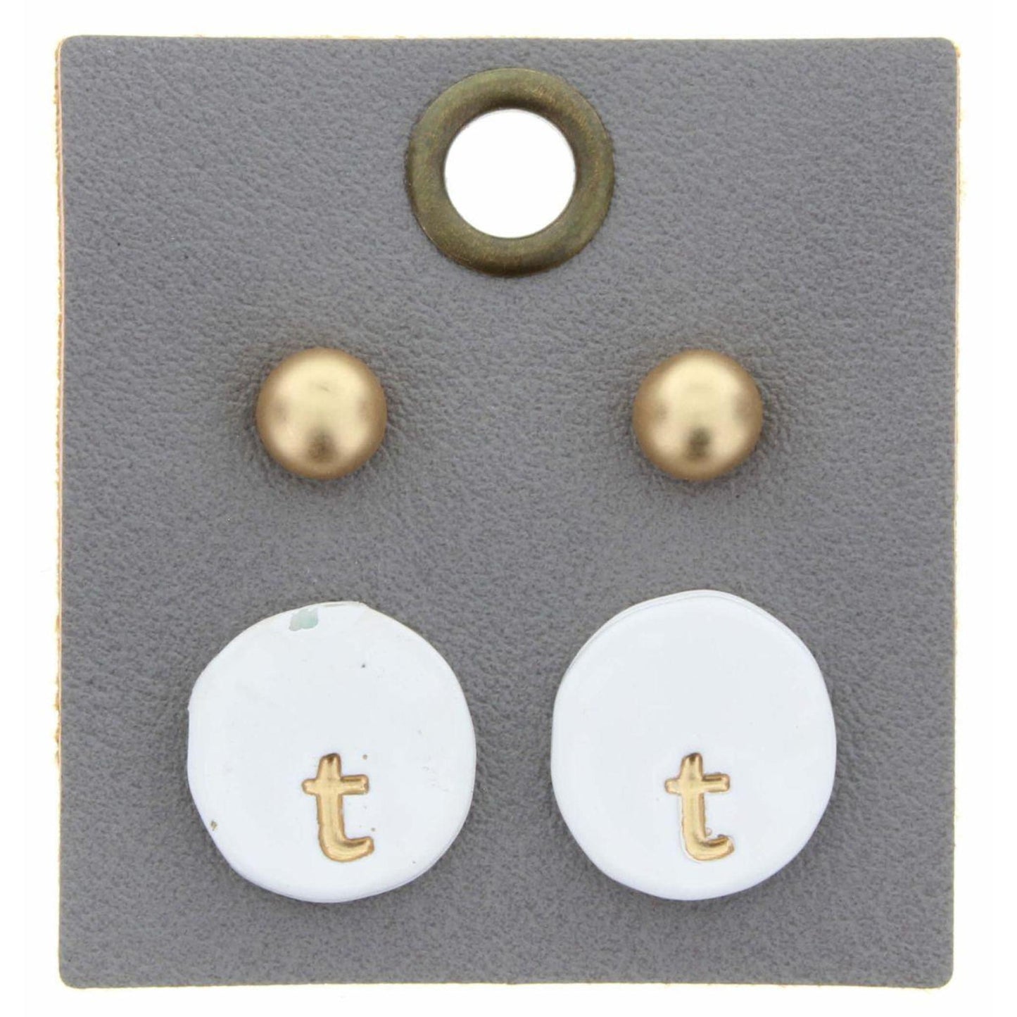 Gold Studs & White Stamped Initial "T" Disk Earring