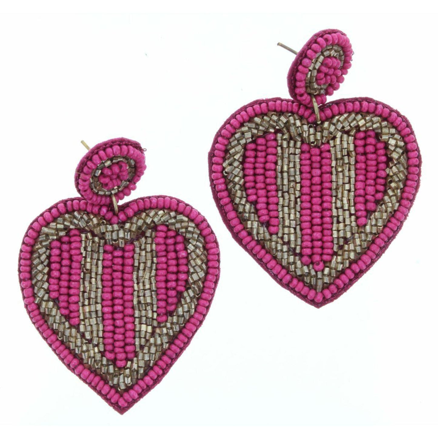 Pink Seed Bead Circle Post with Gold & Pink Heart Earring