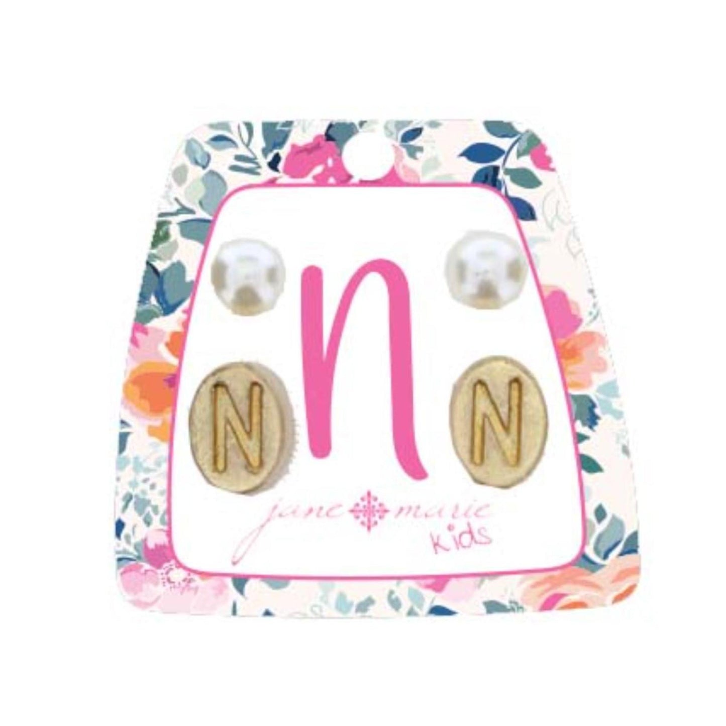 Kids Gold "N" Initial with Pearl Stud Earring