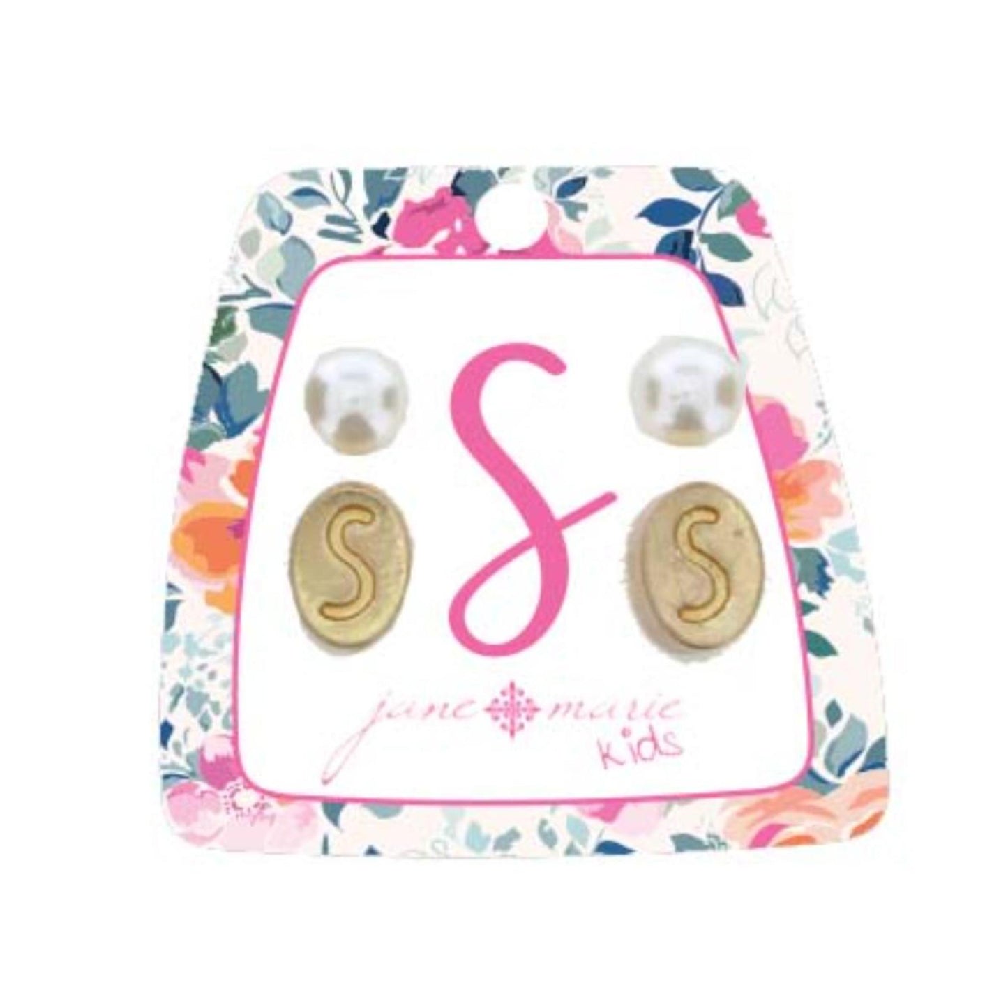 Kids Gold "S" Initial with Pearl Stud Earring