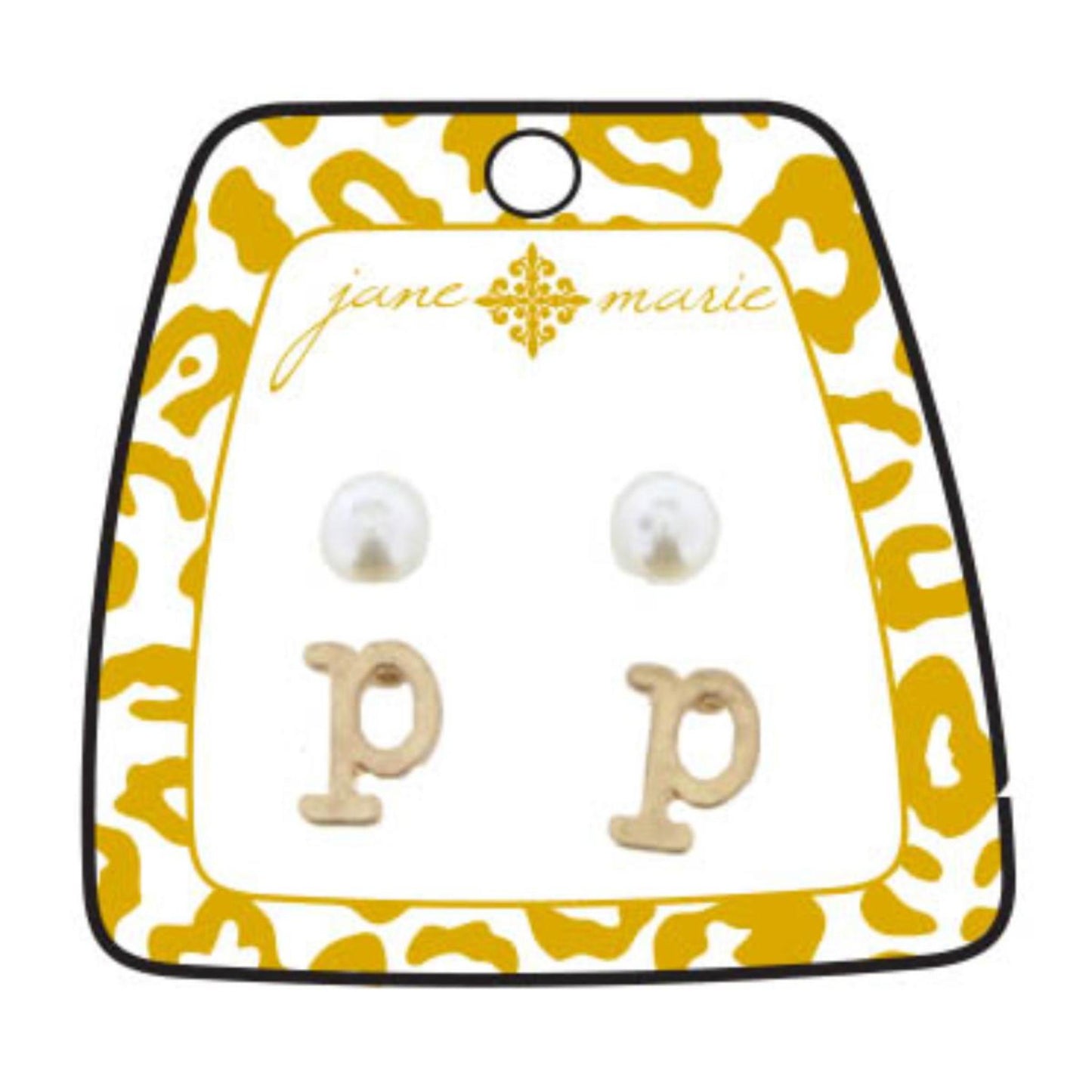 Gold "P" Block Initial with Pearl Stud Earring