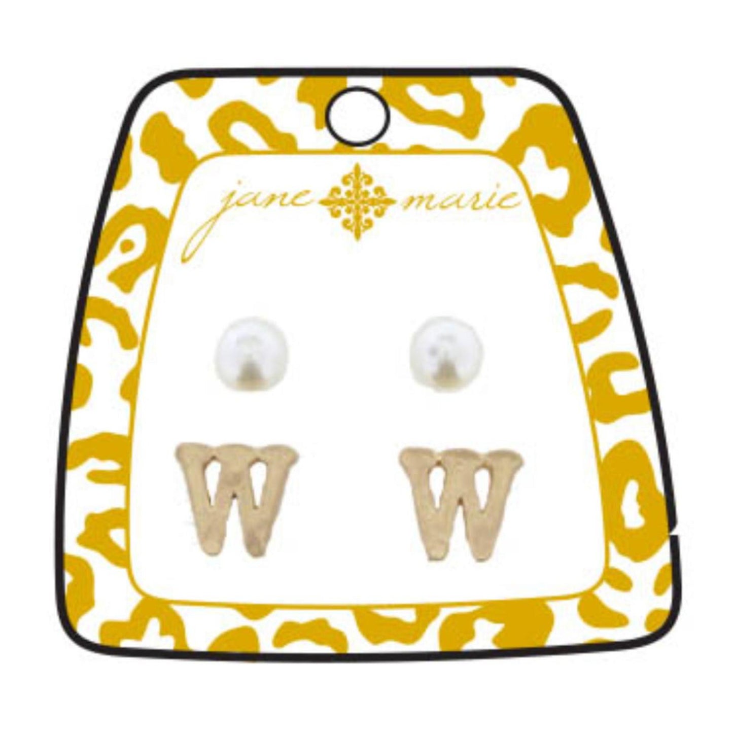 Gold "W" Block Initial with Pearl Stud Earring