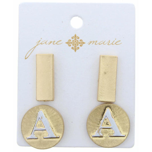 Stud "A" Initial Set, 2-Tone Disc Initial and Gold Rectangle Earring