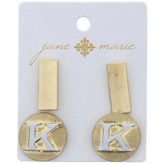 Stud "K" Initial Set, 2-Tone Disc Initial and Gold Rectangle Earring