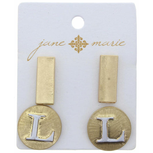 Stud "L" Initial Set, 2-Tone Disc Initial and Gold Rectangle Earring