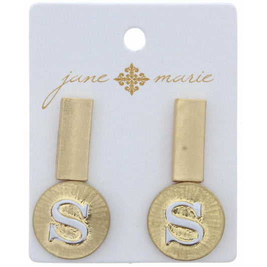 Stud "S" Initial Set, 2-Tone Disc Initial and Gold Rectangle Earring