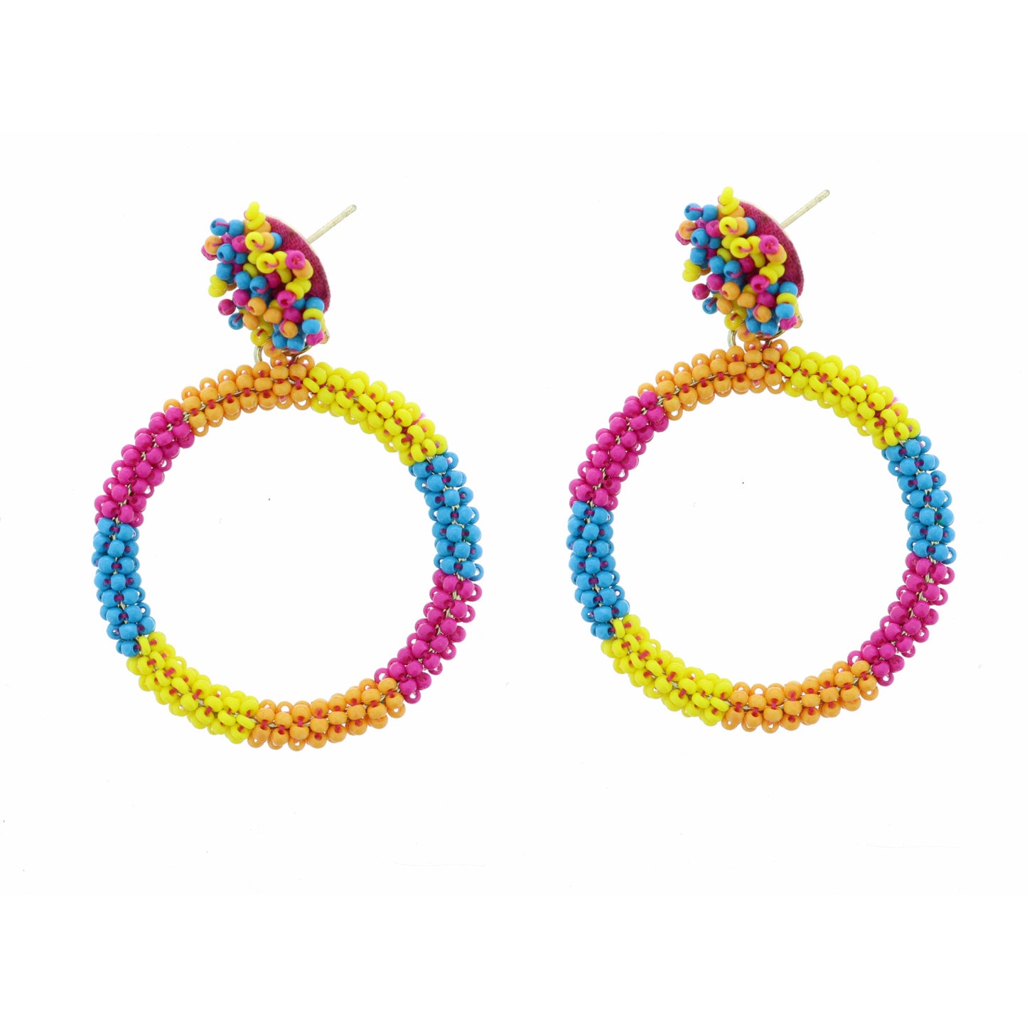 Gold Post, Cream Wicker Open Circle, Ombre Pink Raffia Fan Earring