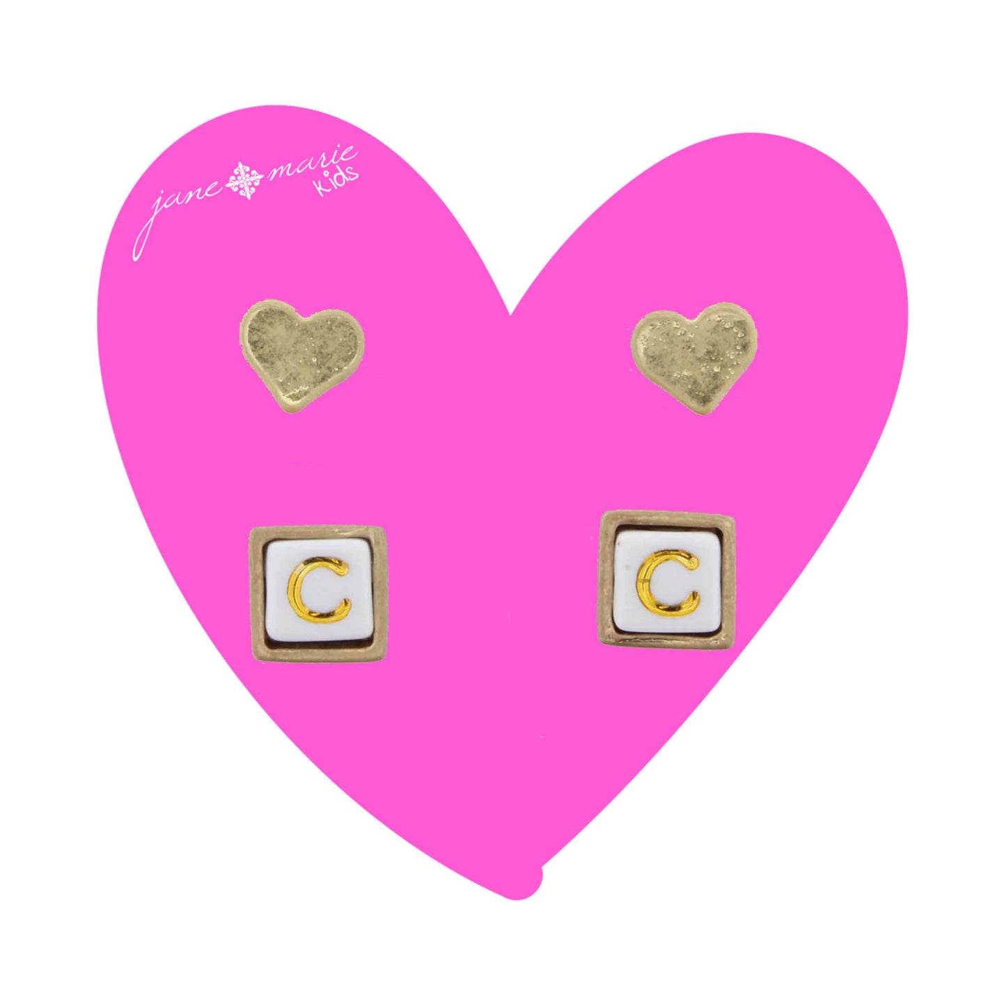 Kids Gold Heart Stud, White Encased Block with "C" Initial Earring
