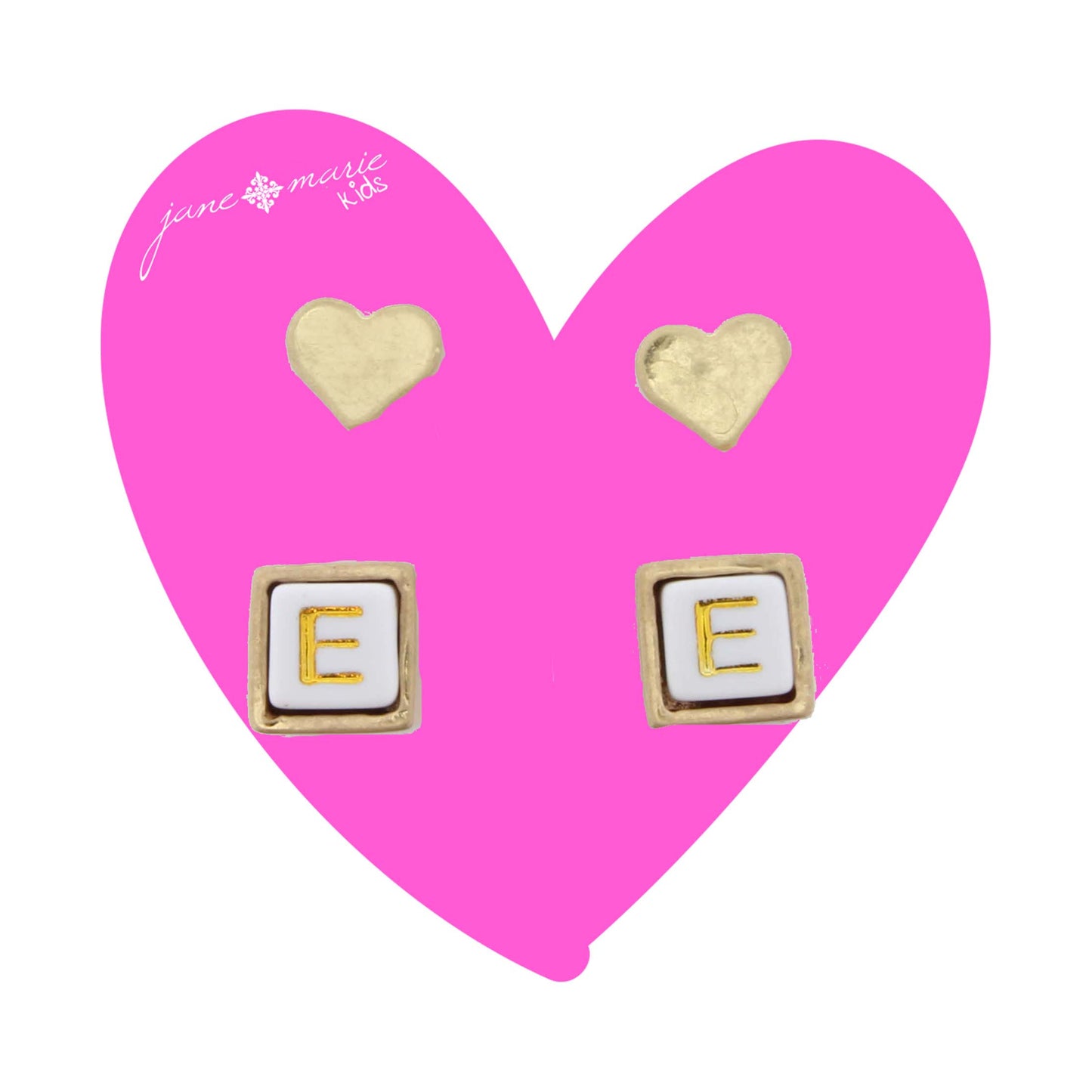 Kids Gold Heart Stud, White Encased Block with "E" Initial Earring