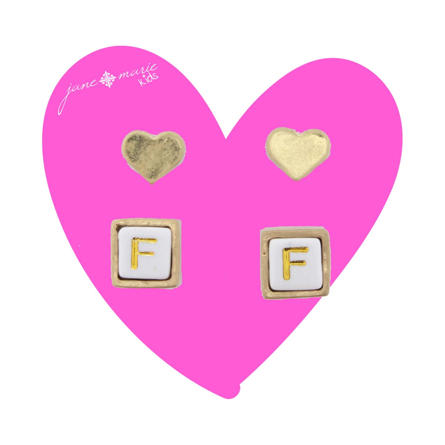 Kids Gold Heart Stud, White Encased Block with "F" Initial Earring