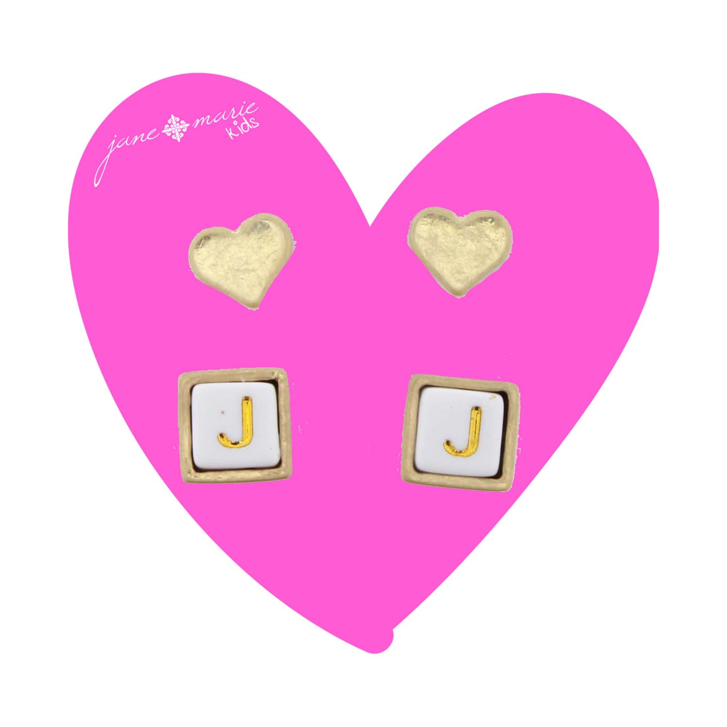 Kids Gold Heart Stud, White Encased Block with "J" Initial Earring