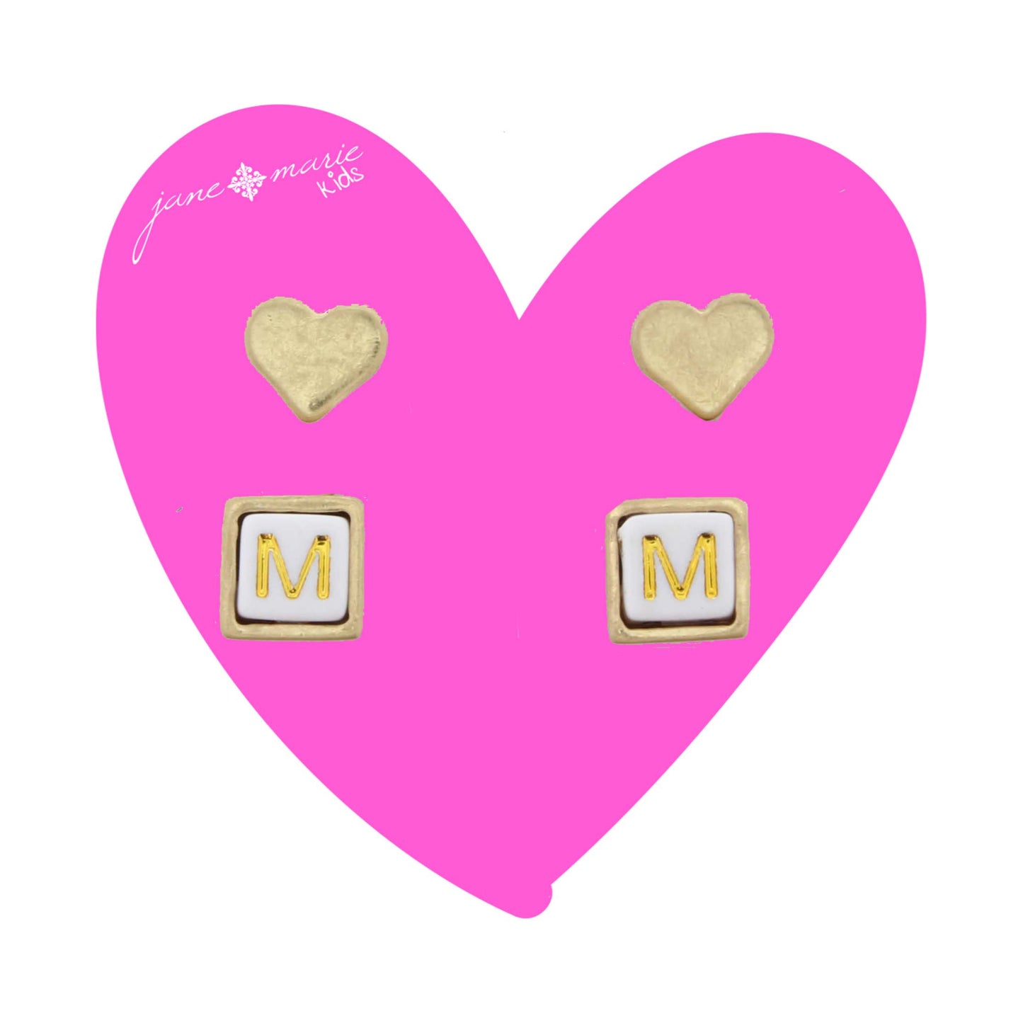 Kids Gold Heart Stud, White Encased Block with "M" Initial Earring