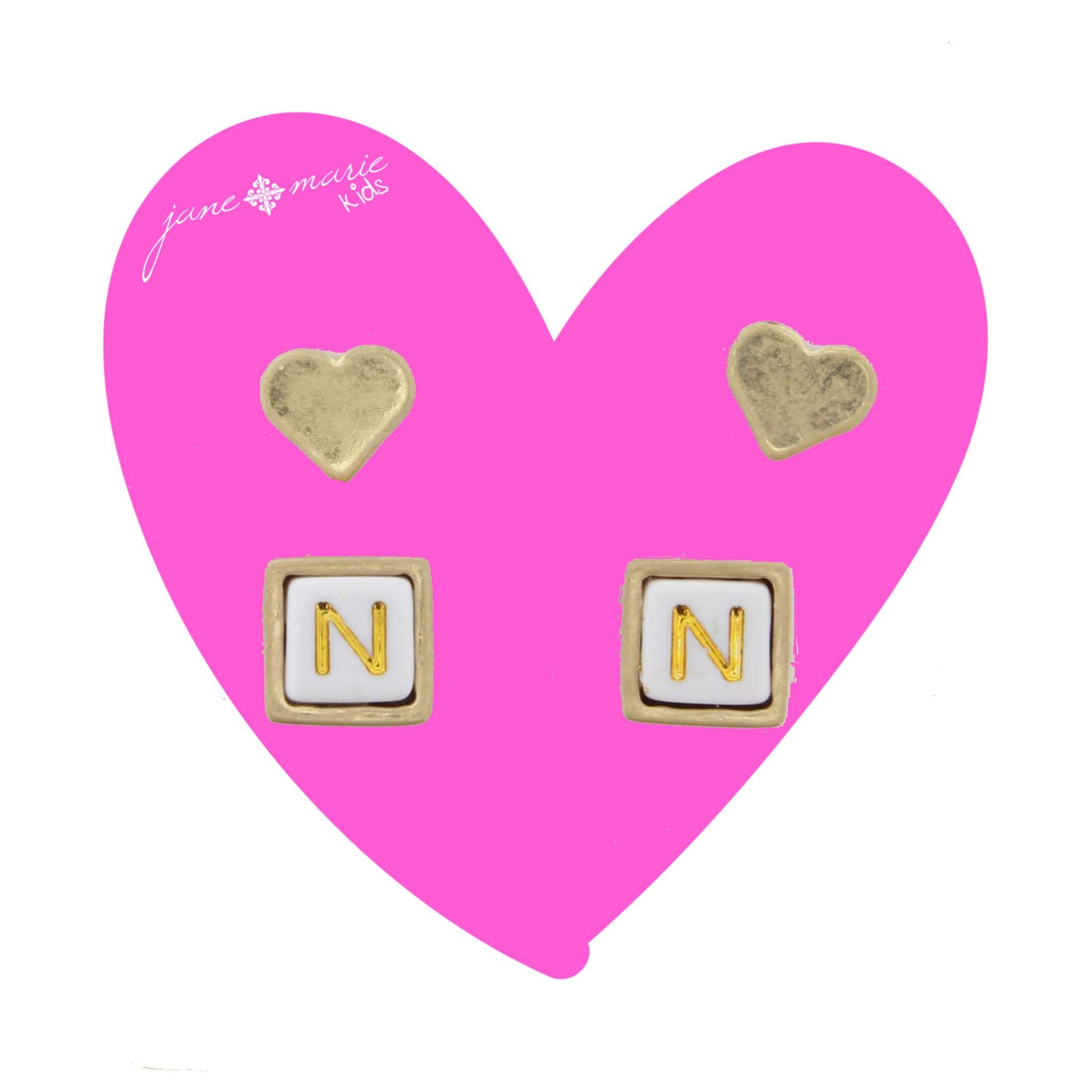 Kids Gold Heart Stud, White Encased Block with "N" Initial Earring