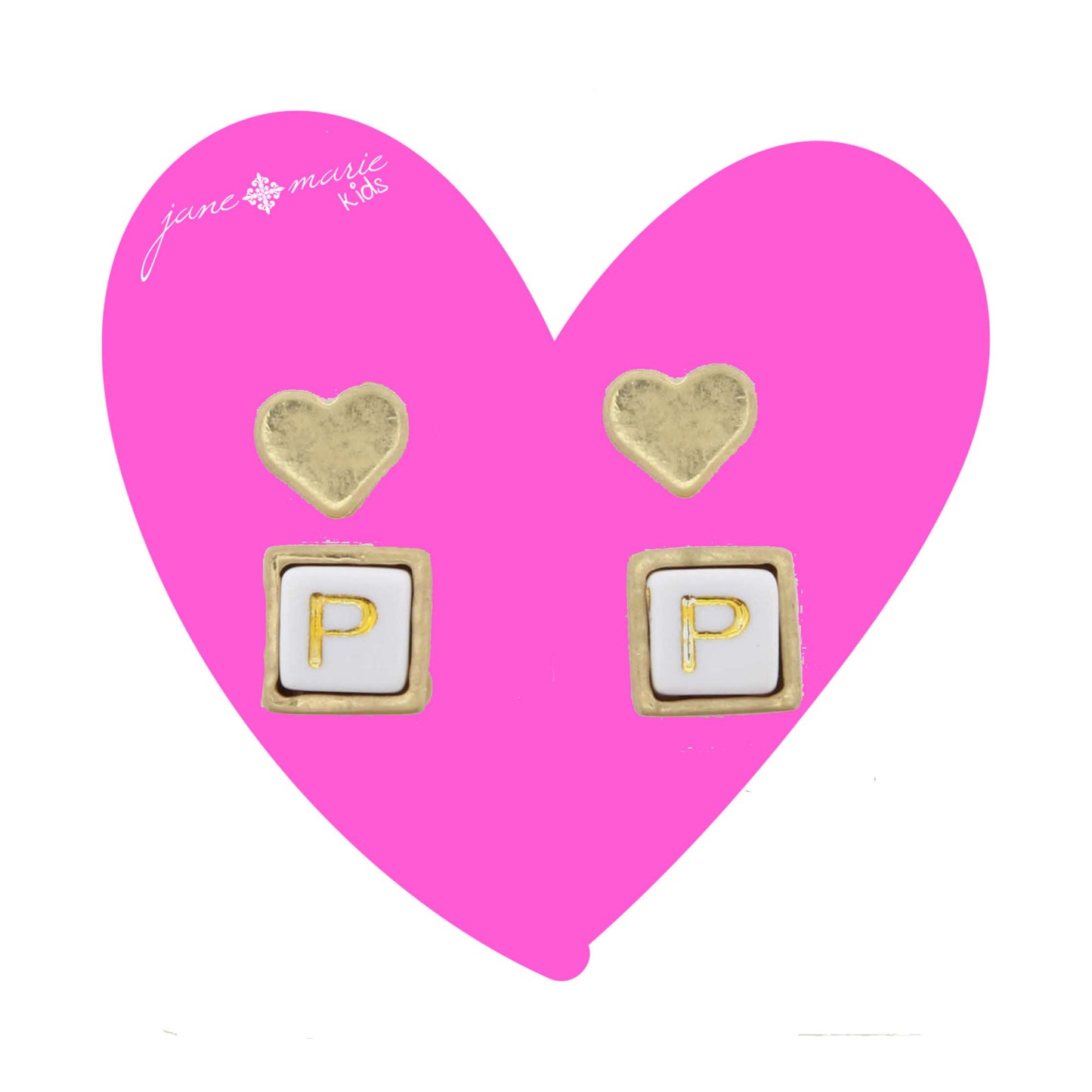 Kids Gold Heart Stud, White Encased Block with "P" Initial Earring