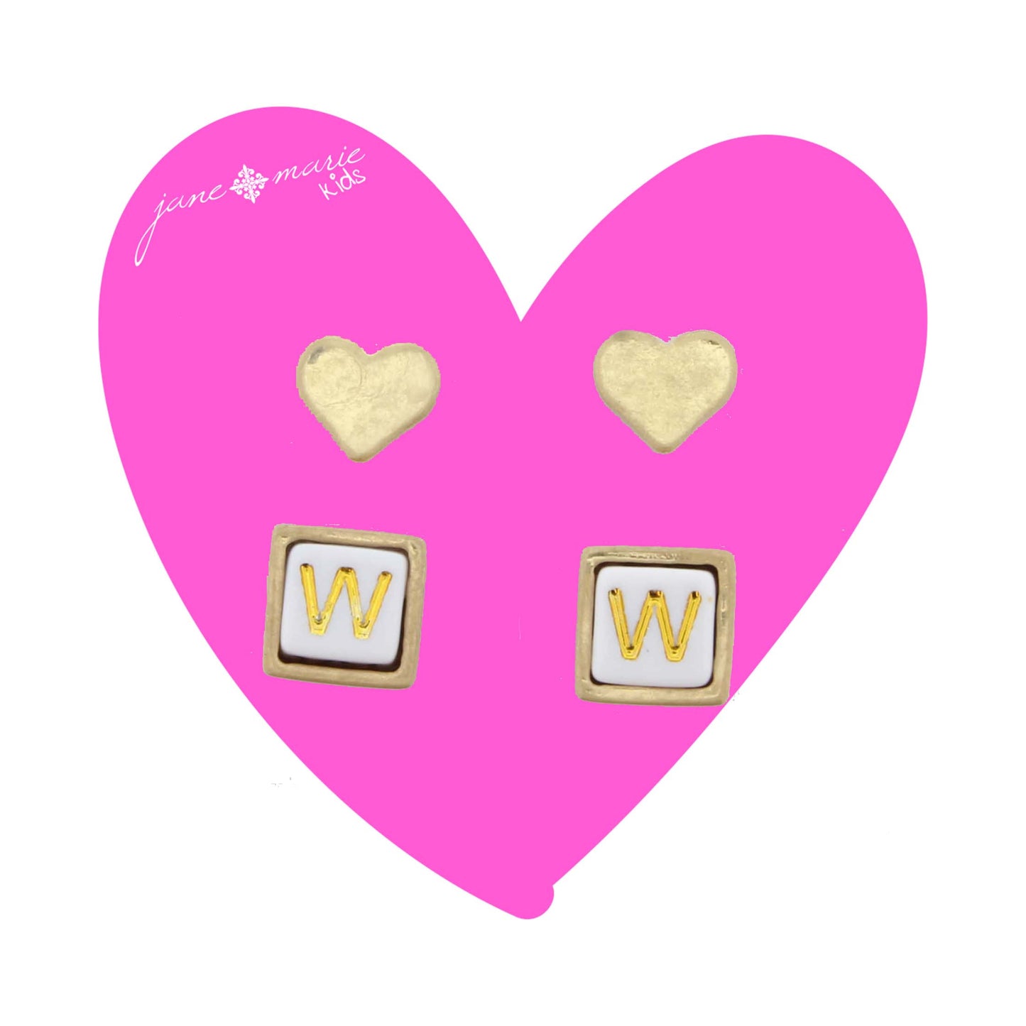 Kids Gold Heart Stud, White Encased Block with "W" Initial Earring