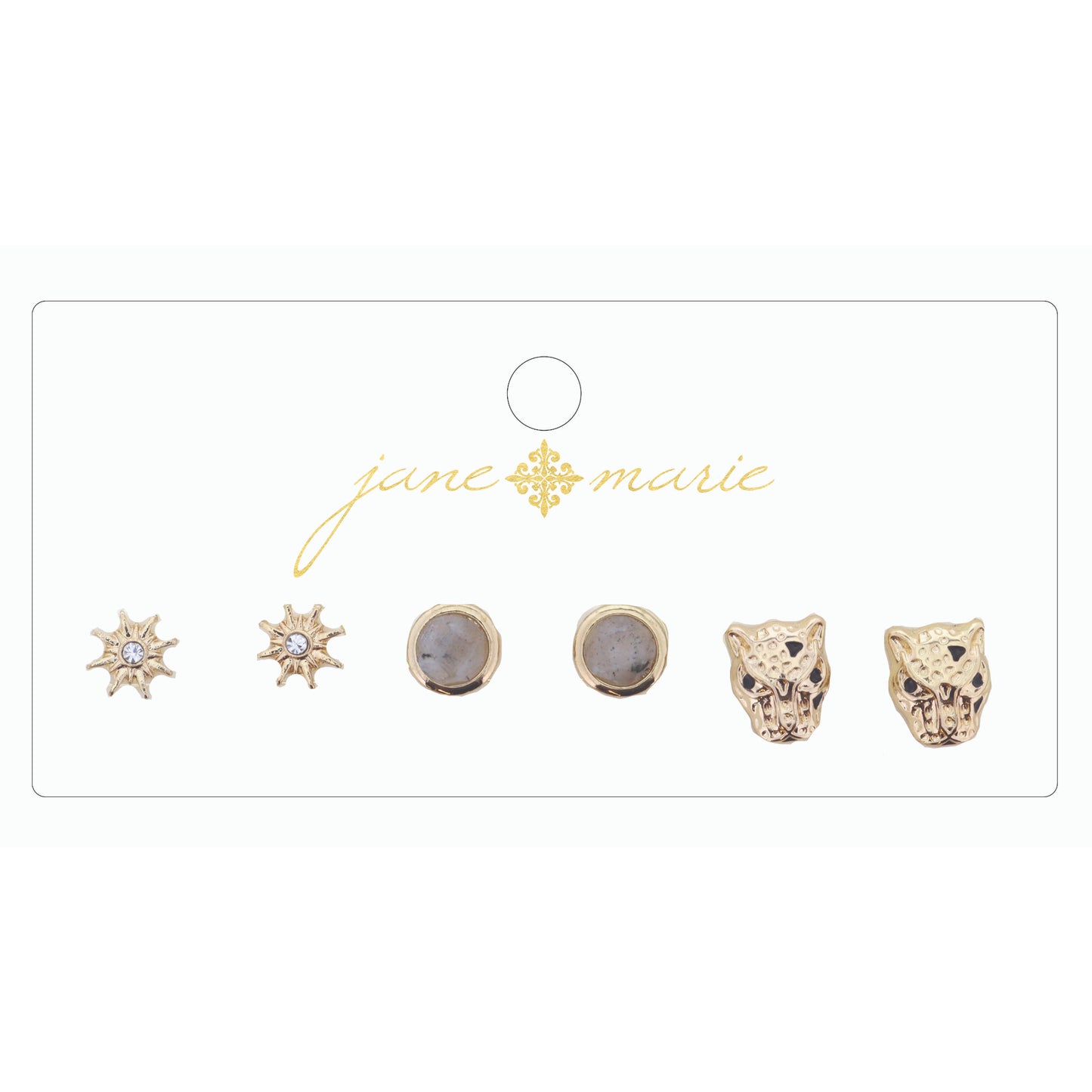 3 Stud, Labradorite Circle, Jaguar Head, and Star Earring