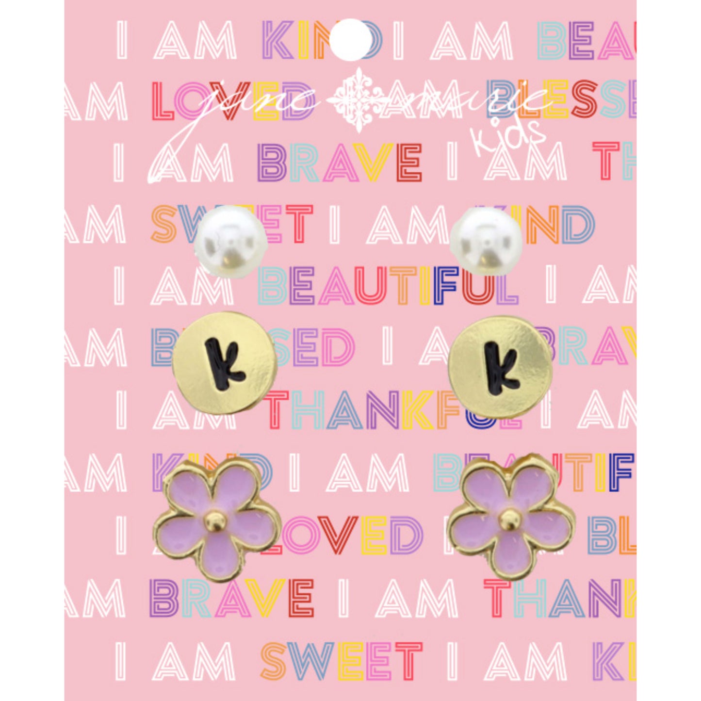 Kids 3 Stud "K" Initial Disc, Pearl, & Purple Flower Earring
