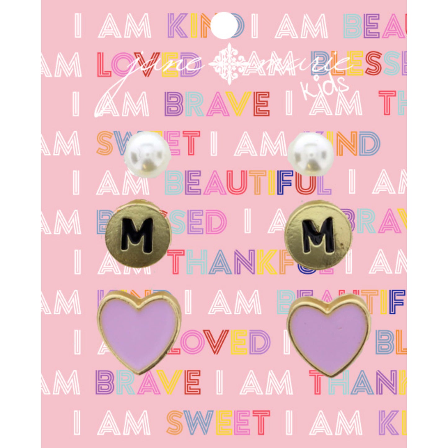 Kids 3 Stud "M" Initial Disc, Pearl, & Purple Heart Earring