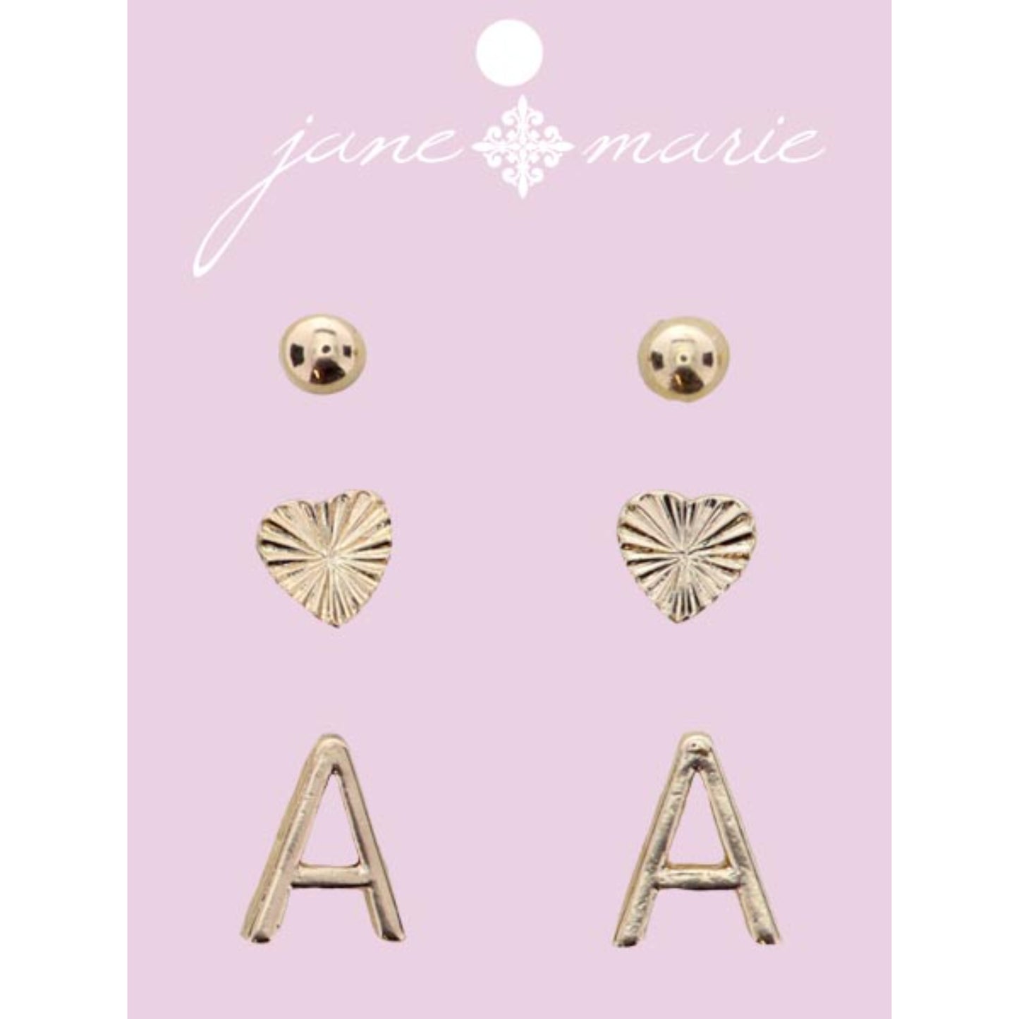 3 Stud, Gold "A" Initial, Gold Heart, and Gold Bead Earring